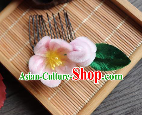 Chinese Handmade Wedding Pink Velvet Peach Flower Hair Comb Ancient Palace Queen Hair Accessories Headwear for Women