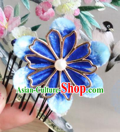 Chinese Handmade Blue Velvet Hair Comb Ancient Palace Queen Hair Accessories Headwear for Women