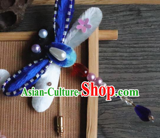 Handmade Chinese Classical Blue Velvet Pearls Dragonfly Brooch Ancient Palace Breastpin for Women