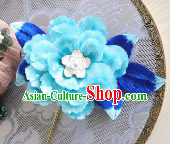 Chinese Handmade Blue Velvet Peony Hairpins Ancient Palace Queen Hair Accessories Headwear for Women