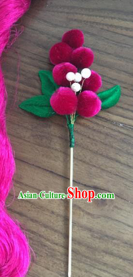 Chinese Handmade Rosy Velvet Berry Hairpins Ancient Palace Queen Hair Accessories Headwear for Women