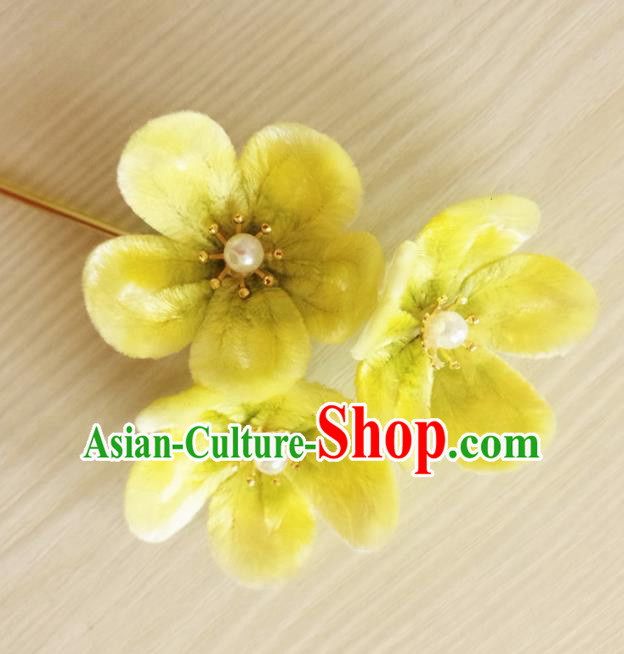 Chinese Handmade Yellow Velvet Flowers Hairpins Ancient Palace Queen Hair Accessories Headwear for Women