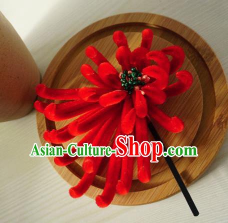 Chinese Handmade Palace Red Velvet Chrysanthemum Hairpins Ancient Queen Hair Accessories Headwear for Women