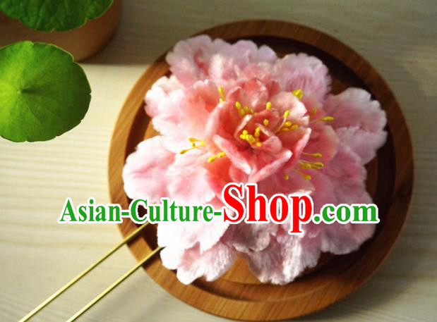 Chinese Handmade Palace Pink Peony Velvet Hairpins Ancient Queen Hair Accessories Headwear for Women