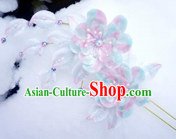 Chinese Handmade Palace Blue Plum Blossom Velvet Hairpins Ancient Queen Hair Accessories Headwear for Women