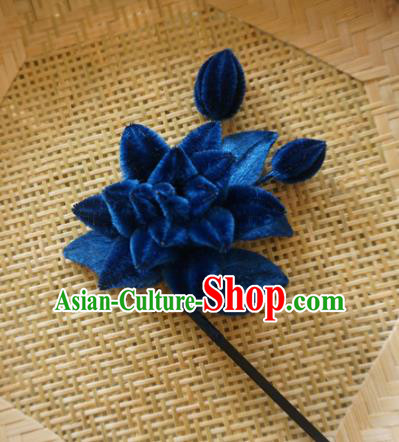 Chinese Handmade Palace Navy Velvet Lotus Hairpins Ancient Queen Hair Accessories Headwear for Women