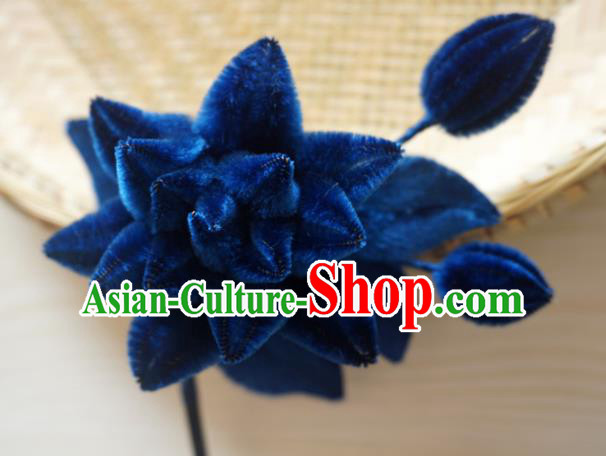 Chinese Handmade Palace Navy Velvet Lotus Hairpins Ancient Queen Hair Accessories Headwear for Women