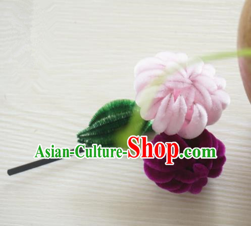 Chinese Handmade Palace Velvet Pink Chrysanthemum Hairpins Ancient Queen Hair Accessories Headwear for Women