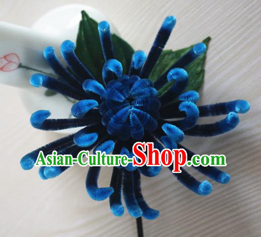 Chinese Handmade Palace Navy Velvet Chrysanthemum Hairpins Ancient Queen Hair Accessories Headwear for Women