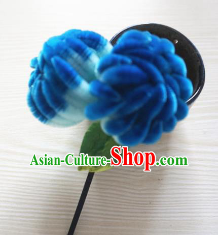 Chinese Handmade Palace Deep Blue Velvet Chrysanthemum Hairpins Ancient Queen Hair Accessories Headwear for Women