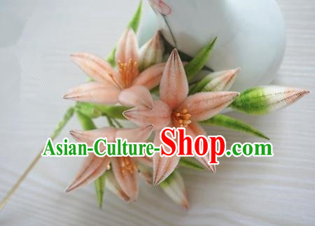 Chinese Handmade Palace Pink Lily Flowers Velvet Hairpins Ancient Queen Hair Accessories Headwear for Women