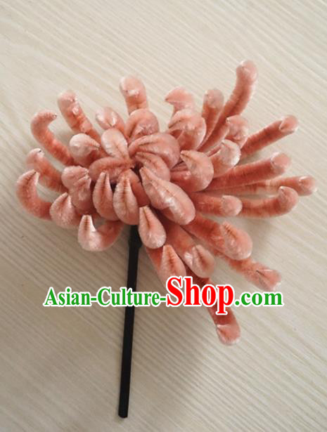 Chinese Handmade Palace Pink Chrysanthemum Flowers Velvet Hairpins Ancient Queen Hair Accessories Headwear for Women