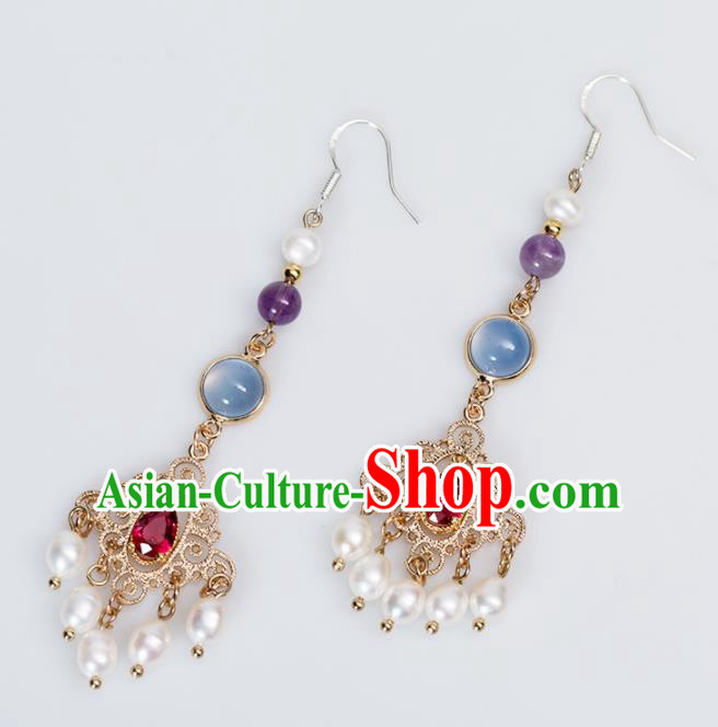 Handmade Chinese Classical Hanfu Red Crystal Earrings Ancient Palace Ear Accessories for Women