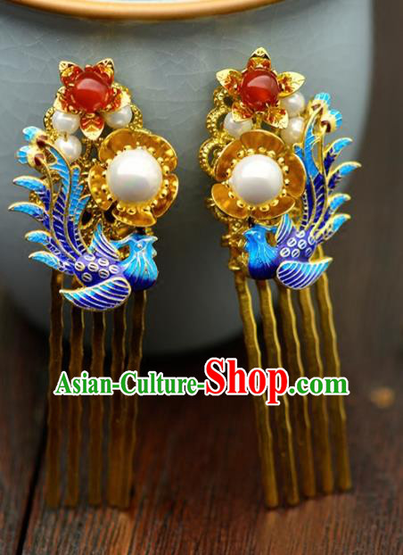 Chinese Handmade Hanfu Cloisonne Phoenix Hair Combs Hairpins Ancient Princess Hair Accessories Headwear for Women