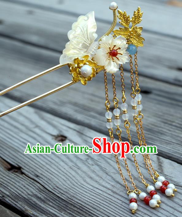 Chinese Handmade Hanfu Shell Butterfly Tassel Hairpins Ancient Princess Hair Accessories Headwear for Women