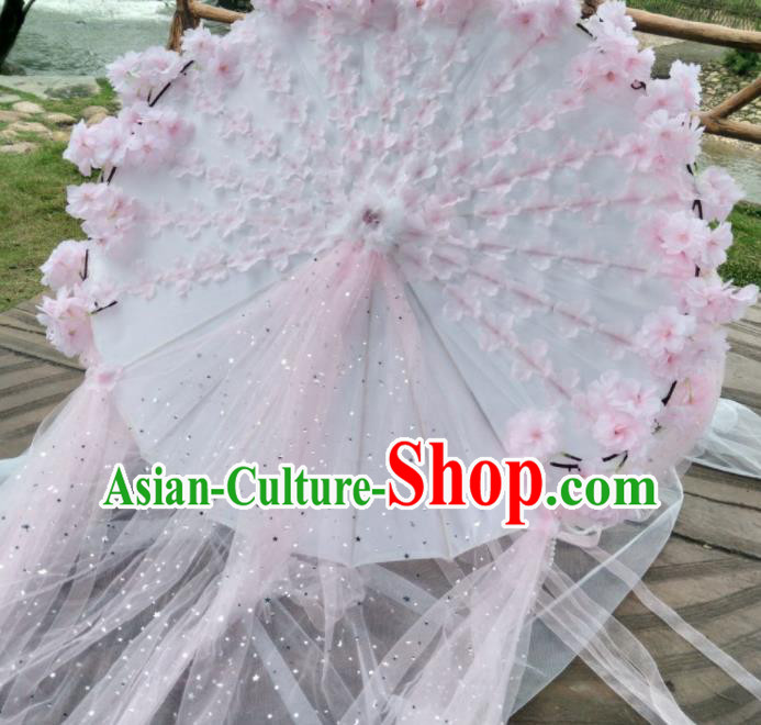 Chinese Traditional Pink Flowers Ribbon Tassel Umbrella Ancient Princess Umbrella for Women