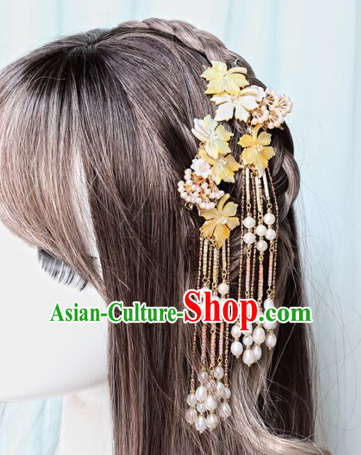 Chinese Handmade Hanfu Yellow Shell Flowers Tassel Hairpins Ancient Princess Hair Accessories Headwear for Women