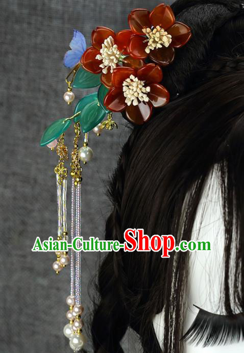 Chinese Handmade Hanfu Red Plum Blossom Tassel Hairpins Ancient Princess Hair Accessories Headwear for Women