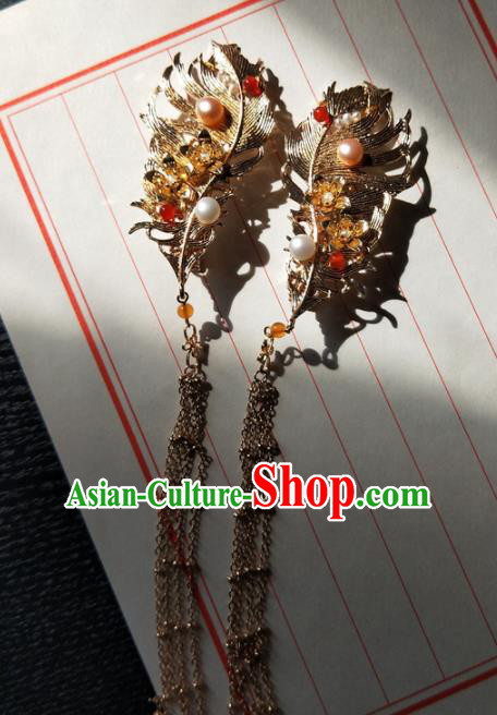 Chinese Handmade Hanfu Golden Feather Hair Claws Hairpins Ancient Palace Princess Hair Accessories Headwear for Women