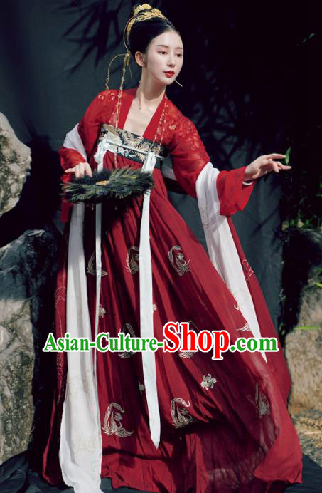 Chinese Traditional Tang Dynasty Princess Wedding Historical Costume Ancient Peri Embroidered Red Hanfu Dress for Women