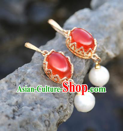 Handmade Chinese Classical Red Agate Earrings Ancient Palace Hanfu Ear Accessories for Women