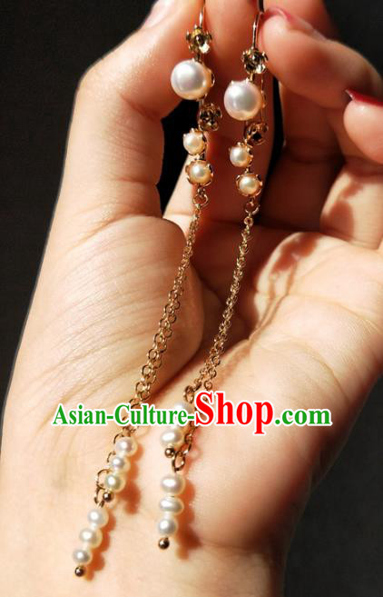 Handmade Chinese Classical Pearls Tassel Earrings Ancient Palace Hanfu Ear Accessories for Women