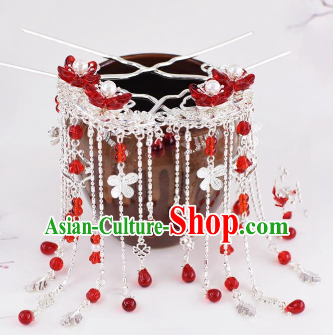 Chinese Handmade Palace Red Flowers Tassel Hairpins Ancient Princess Hanfu Hair Accessories Headwear for Women