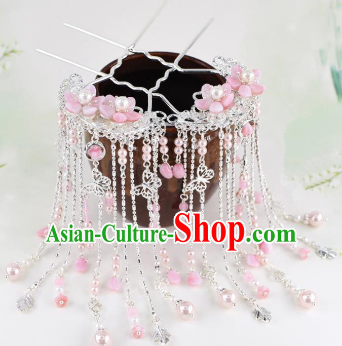 Chinese Handmade Palace Pink Flowers Tassel Hairpins Ancient Princess Hanfu Hair Accessories Headwear for Women