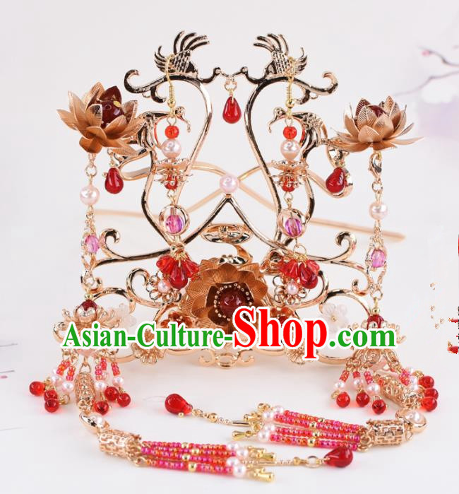 Chinese Handmade Palace Red Beads Tassel Hair Crown Hairpins Ancient Princess Hanfu Hair Accessories Headwear for Women