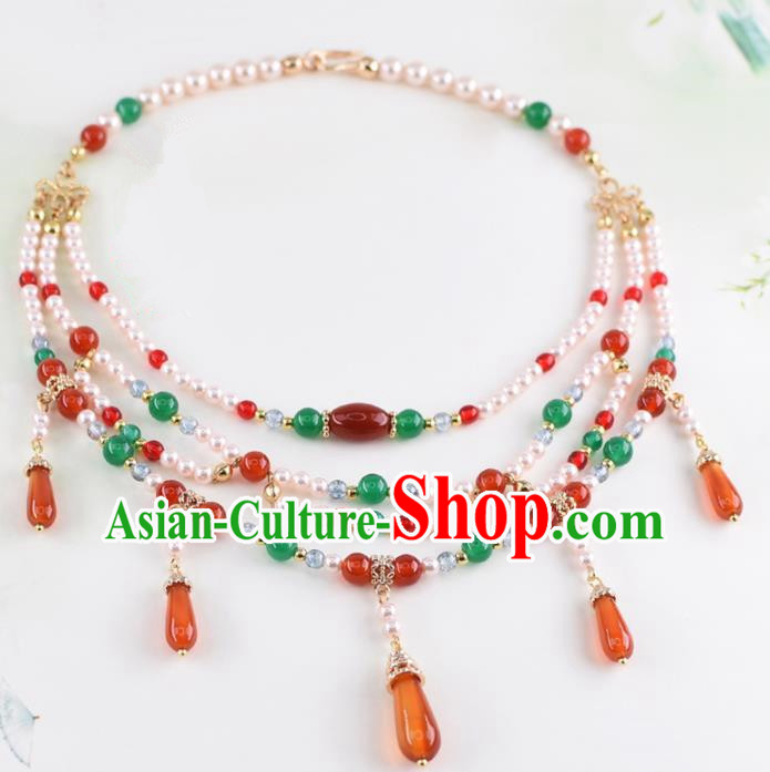 Handmade Chinese Classical Pearls Agate Necklace Ancient Palace Hanfu Necklet Accessories for Women