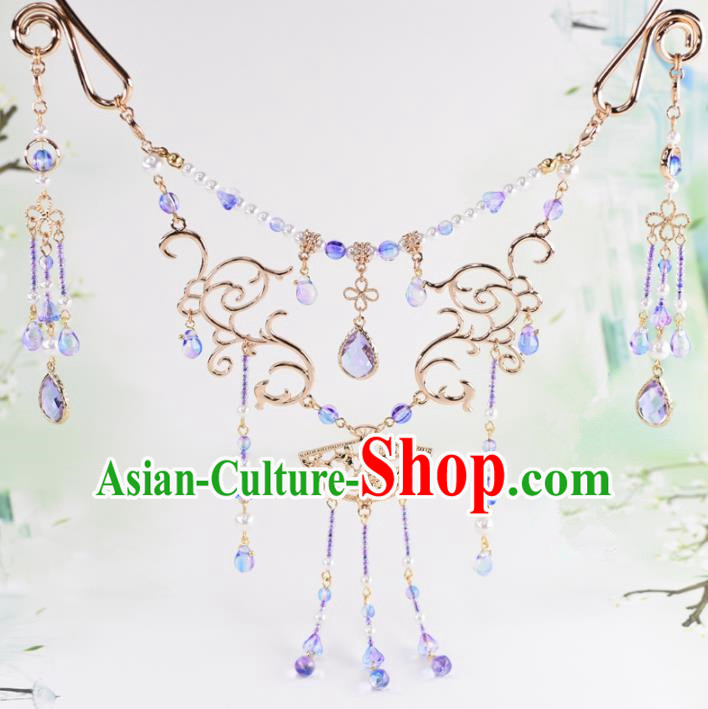 Handmade Chinese Classical Purple Crystal Tassel Necklace Ancient Palace Hanfu Necklet Accessories for Women