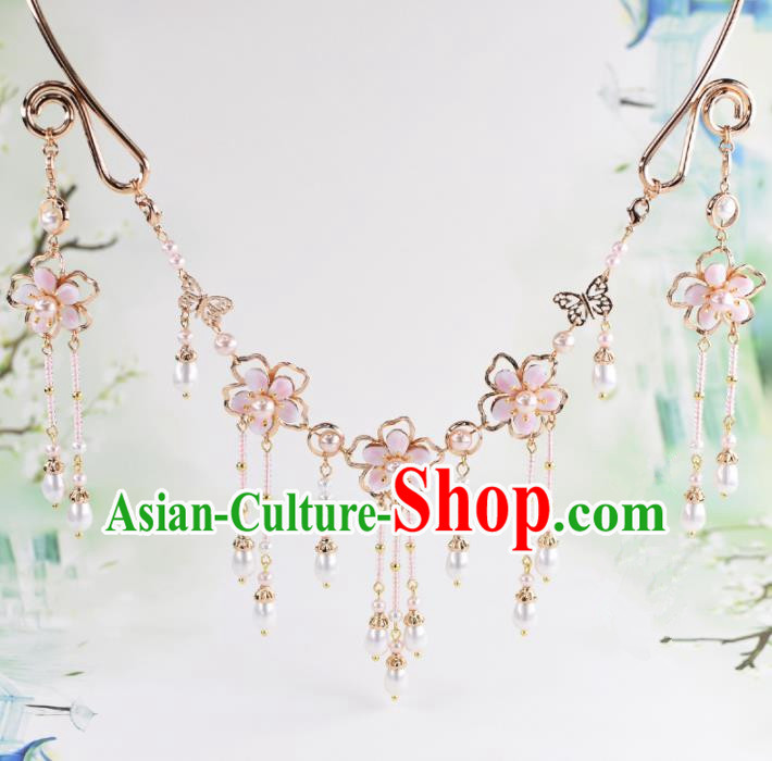 Handmade Chinese Classical Pink Flowers Tassel Necklace Ancient Palace Hanfu Necklet Accessories for Women