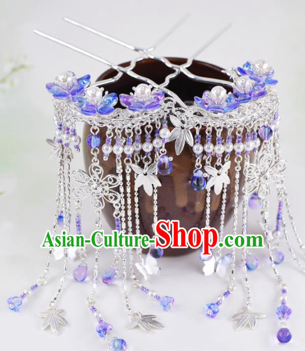 Chinese Handmade Palace Purple Flowers Tassel Hairpins Ancient Princess Hanfu Hair Accessories Headwear for Women