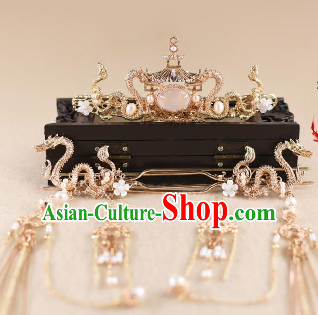 Chinese Handmade Palace Pavilion Hair Crown Hairpins Ancient Princess Hanfu Hair Accessories Headwear for Women