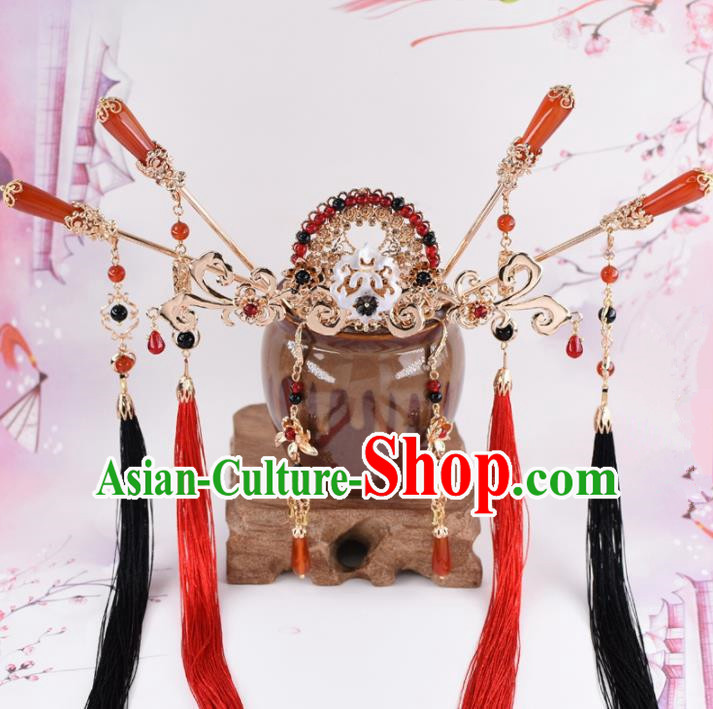 Chinese Handmade Palace Hair Crown Red Agate Hairpins Ancient Princess Hanfu Hair Accessories Headwear for Women