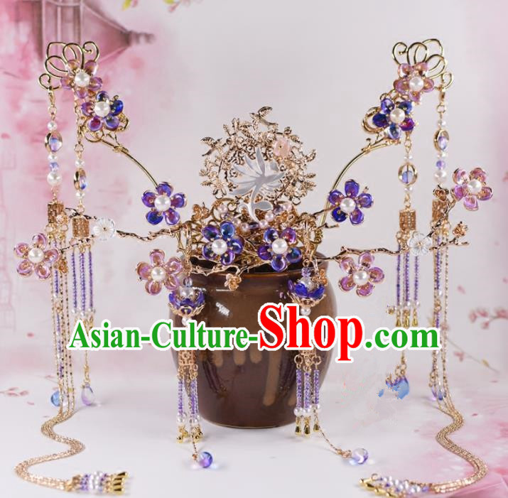 Chinese Handmade Palace Purple Plum Blossom Hair Crown Hairpins Ancient Princess Hanfu Hair Accessories Headwear for Women