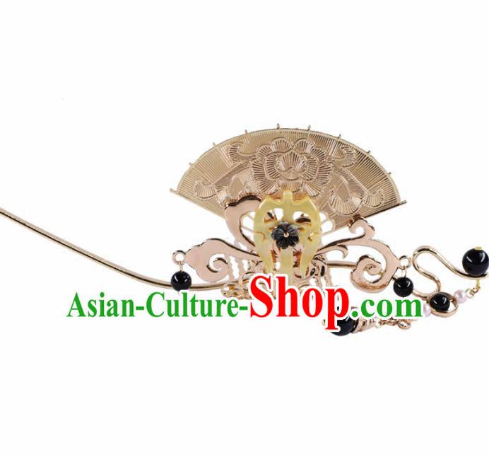 Chinese Handmade Palace Golden Fan Hairpins Ancient Princess Hanfu Hair Accessories Headwear for Women