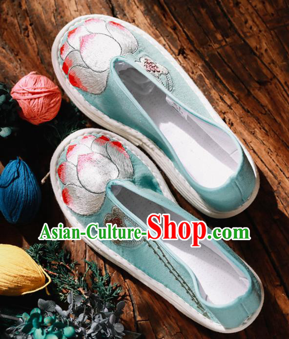 Chinese Handmade Green Cloth Shoes Traditional National Shoes Ancient Princess Embroidered Lotus Hanfu Shoes for Women