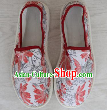 Chinese Handmade Printing Red Butterfly Cloth Shoes Traditional National Shoes Ancient Princess Hanfu Shoes for Women