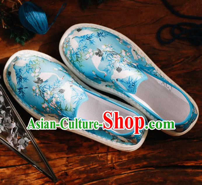 Chinese Handmade Printing Crane Blue Cloth Shoes Traditional National Shoes Ancient Hanfu Shoes for Women