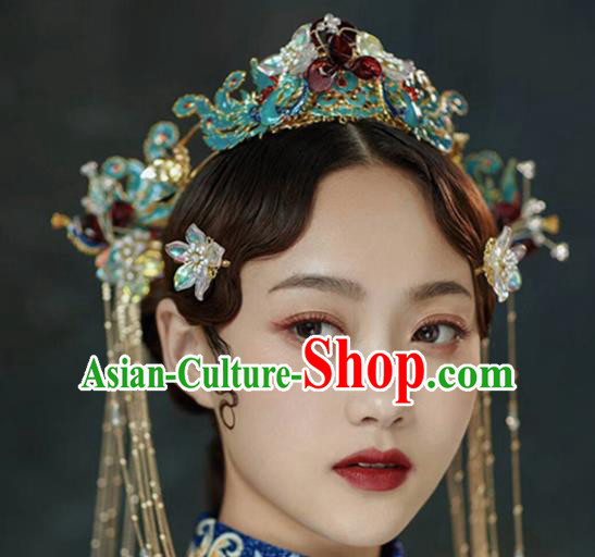 Chinese Handmade Palace Cloisonne Phoenix Coronet Hairpins Ancient Princess Hanfu Hair Accessories Headwear for Women