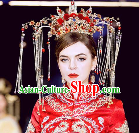 Chinese Handmade Palace Red Venonat Phoenix Coronet Hairpins Ancient Princess Hanfu Hair Accessories Headwear for Women