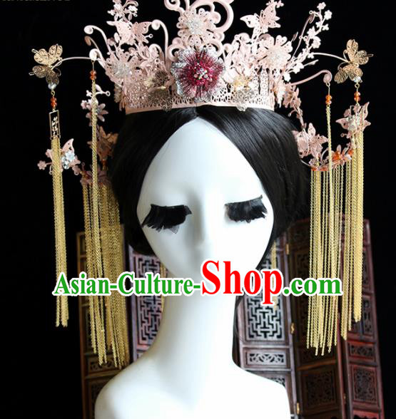 Chinese Handmade Palace Pink Phoenix Coronet Hairpins Ancient Princess Hanfu Hair Accessories Headwear for Women