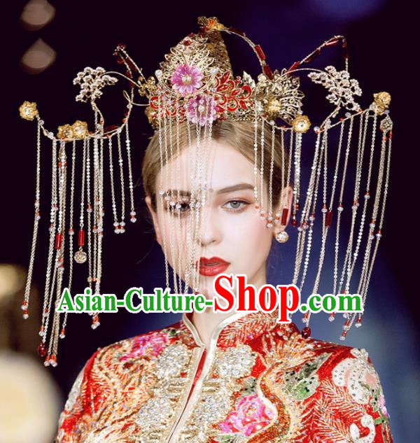 Chinese Handmade Palace Red Cloisonne Phoenix Coronet Hairpins Ancient Princess Hanfu Hair Accessories Headwear for Women