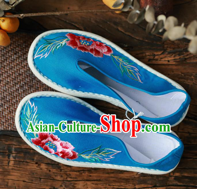 Chinese Handmade Embroidered Peony Blue Cloth Shoes Traditional National Shoes Ancient Princess Hanfu Shoes for Women