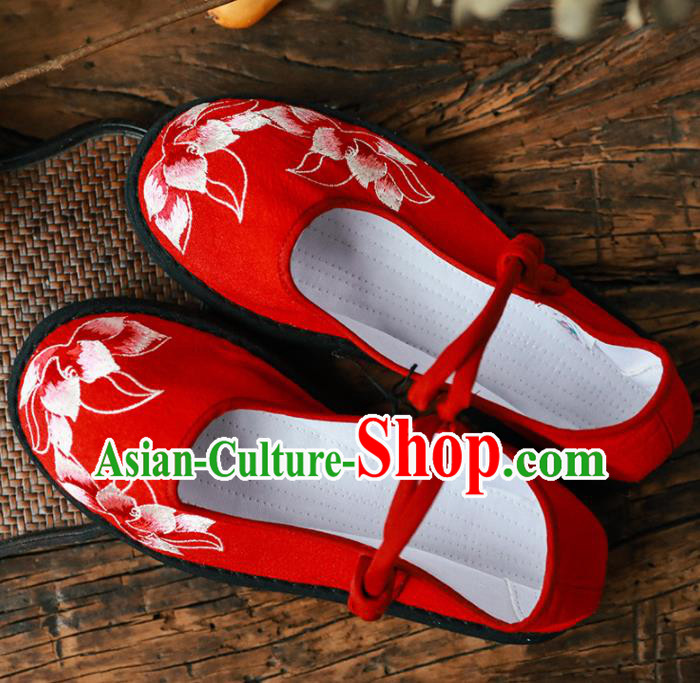 Chinese Handmade Red Cloth Shoes Traditional National Shoes Ancient Princess Embroidered Lotus Hanfu Shoes for Women