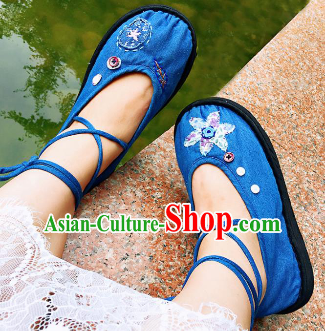 Chinese Handmade Blue Cloth Shoes Traditional National Shoes Ancient Princess Hanfu Shoes for Women