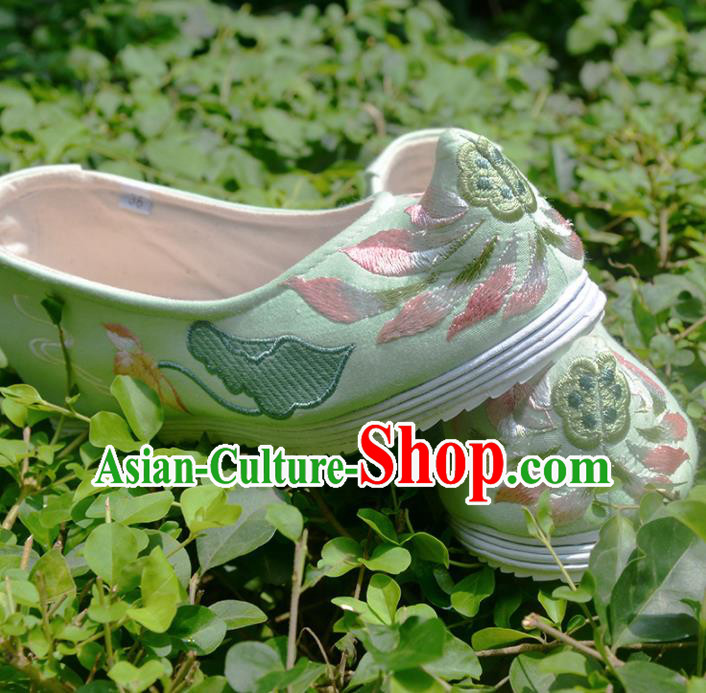 Chinese Handmade Satin Shoes Traditional National Shoes Ancient Princess Embroidered Green Hanfu Shoes for Women