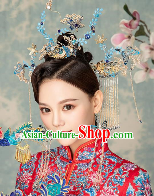 Chinese Handmade Palace Queen Cloisonne Leaf Phoenix Coronet Hairpins Ancient Hair Accessories Headwear for Women