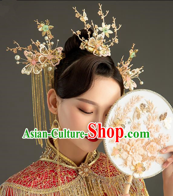 Chinese Handmade Palace Queen Pink Butterfly Phoenix Coronet Hairpins Ancient Hair Accessories Headwear for Women